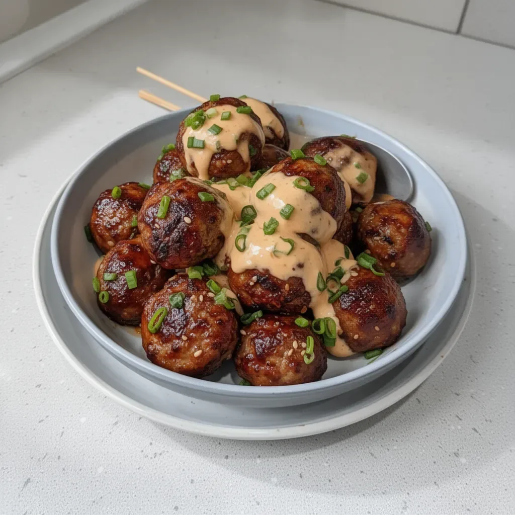 Delicious Korean BBQ meatballs served with a spicy mayo dip
