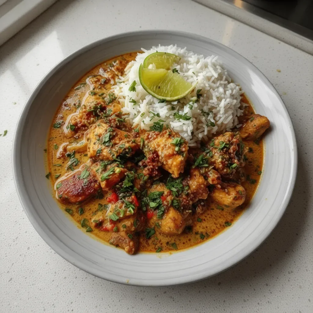 Delicious Brazilian Coconut Chicken served with fresh herbs and spices