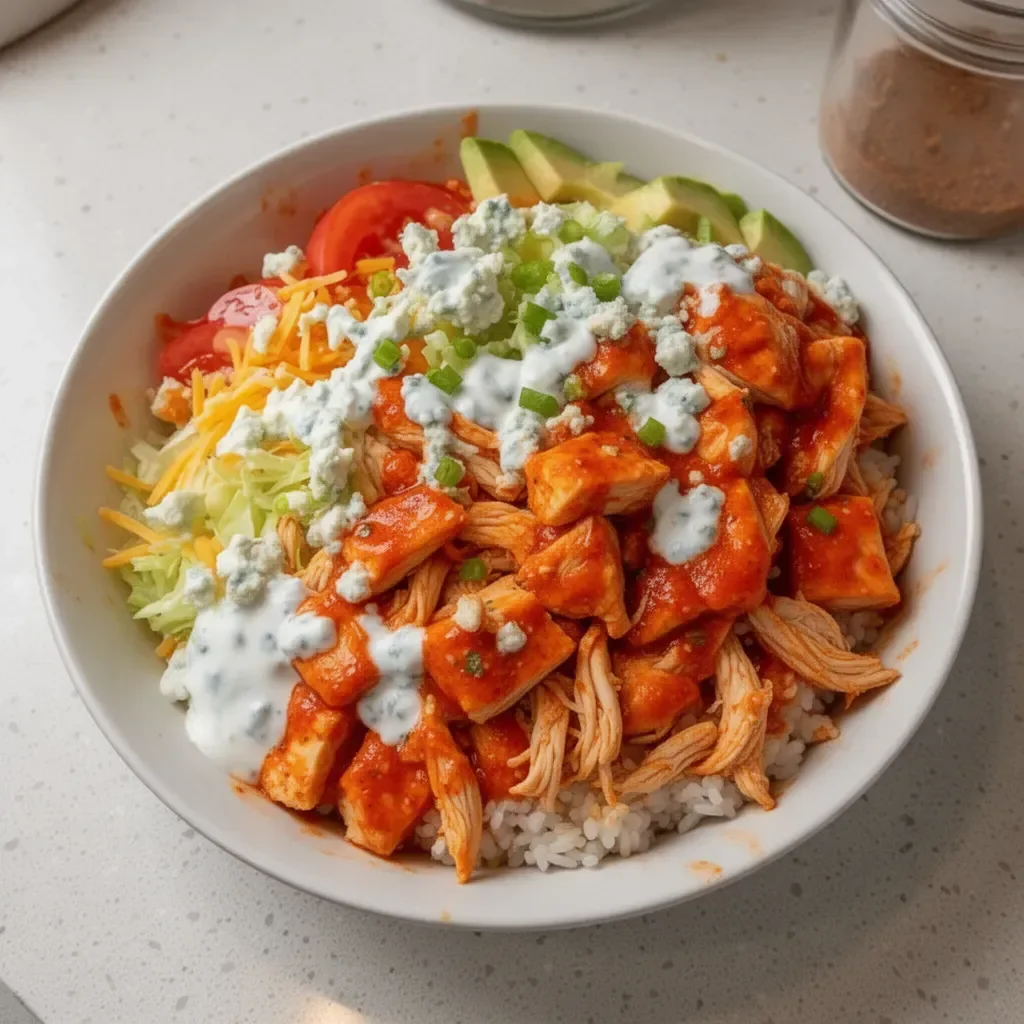 Delicious Buffalo Chicken Bowls garnished with fresh ingredients