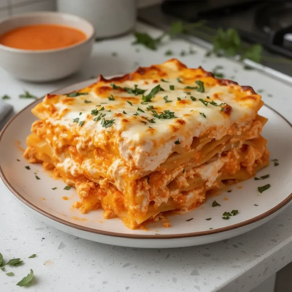 Delicious Buffalo Chicken Lasagna with layers of chicken, cheese, and spicy sauce.