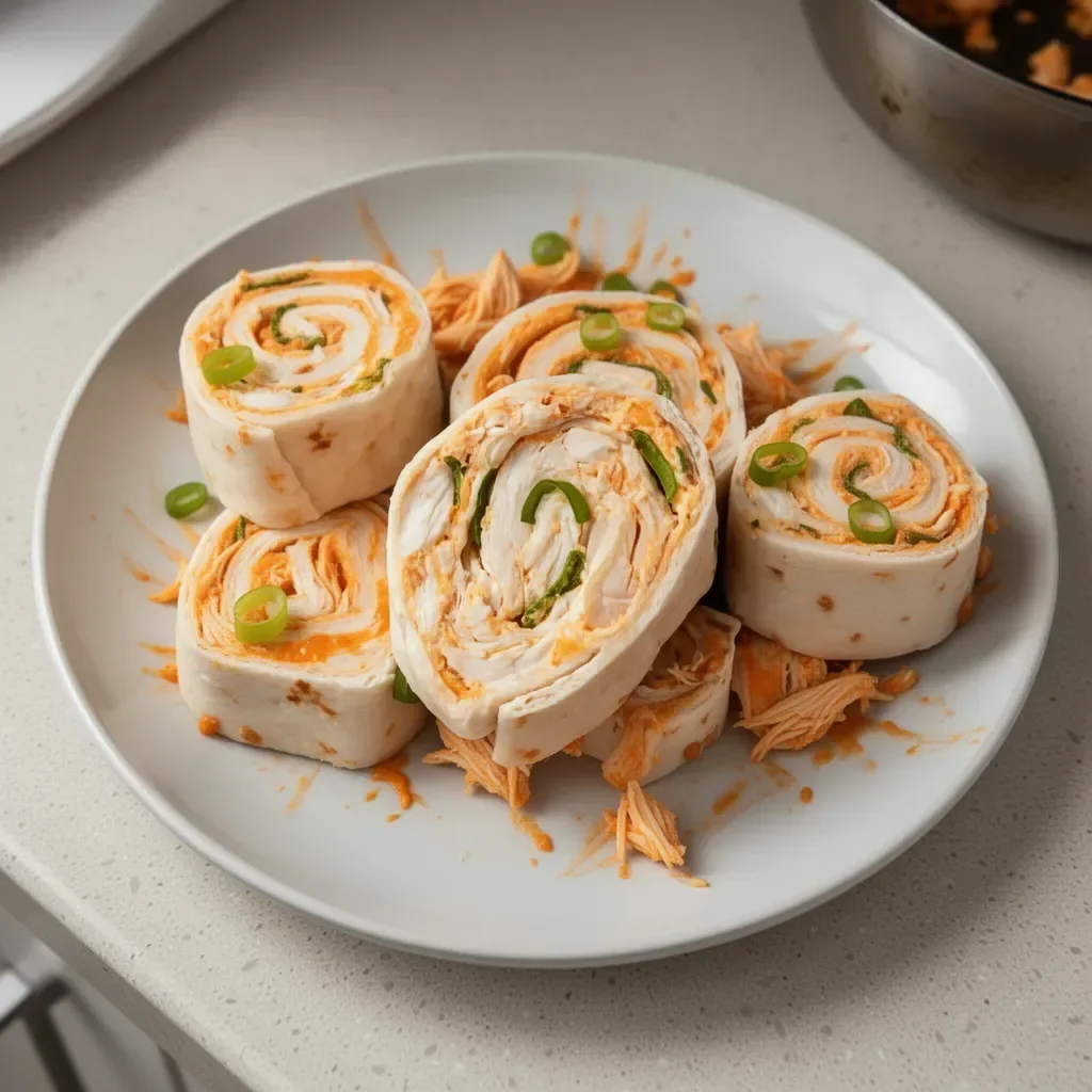 Buffalo Chicken Pinwheels served on a platter with dipping sauce.