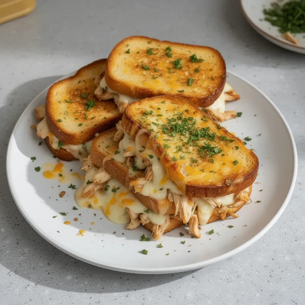 Cheesy Chicken Garlic Bread Sandwich with melted cheese and crispy bread