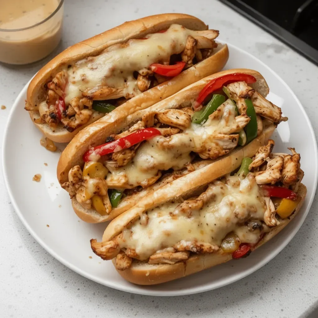 Delicious Chicken Philly Cheese Steaks loaded with cheese and toppings