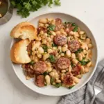 Chicken sausage white bean skillet served in a cast iron pan