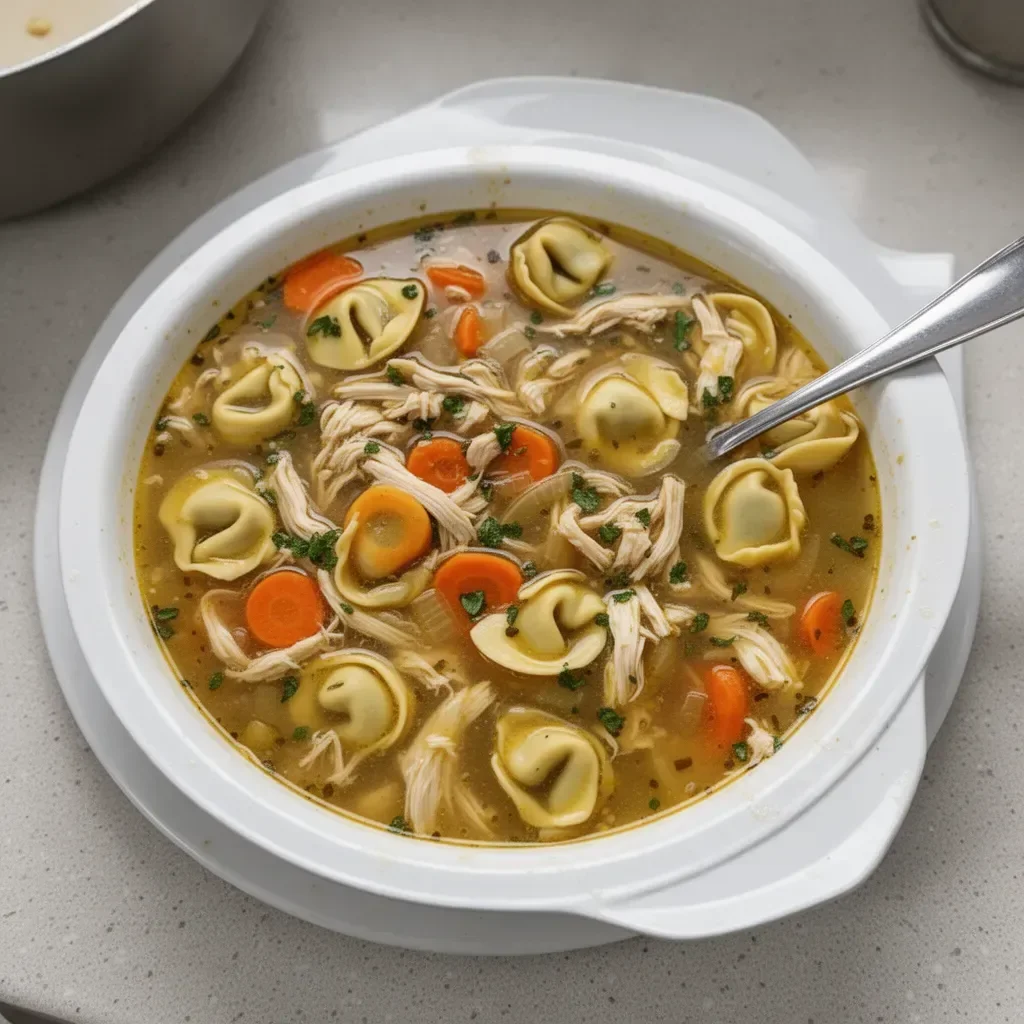 Bowl of Chicken Tortellini Soup with fresh herbs and vegetables