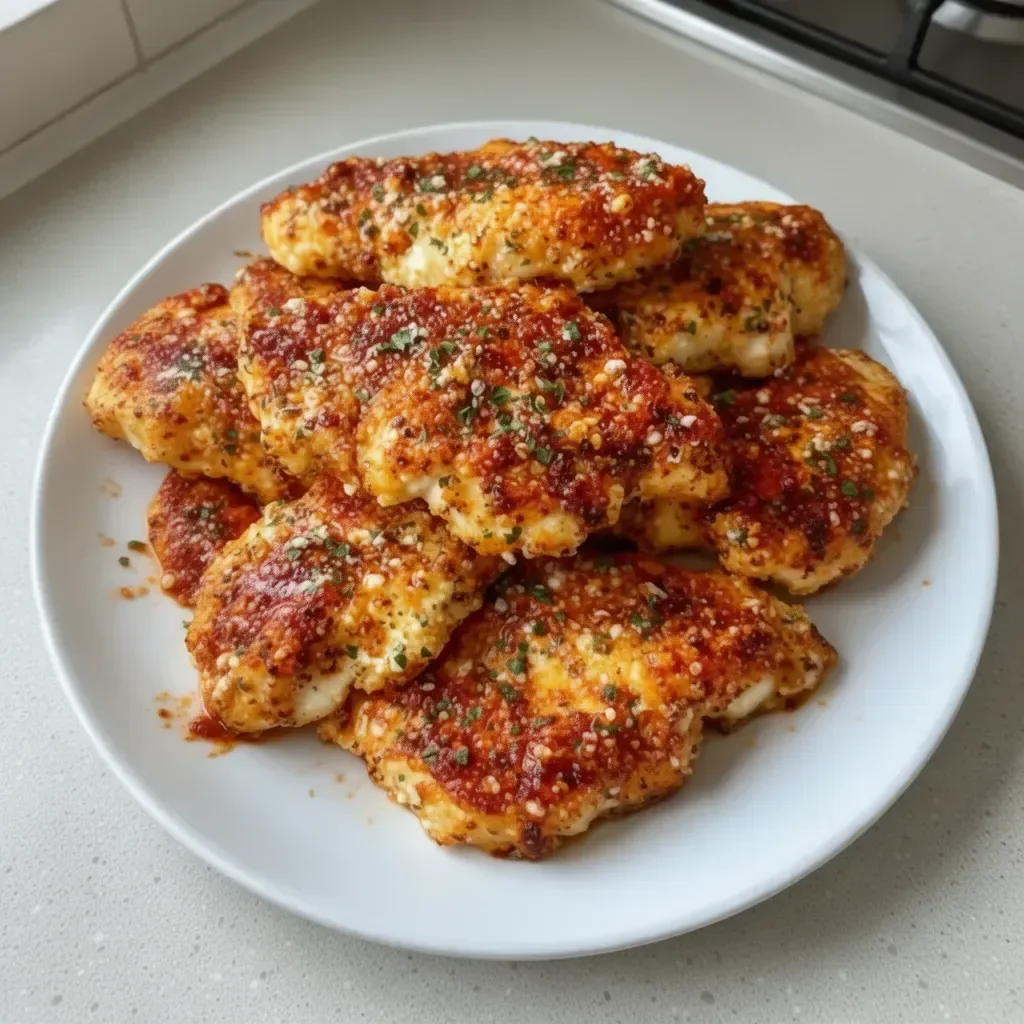 Cottage Cheese Parmesan Firecracker Chicken served on a plate with garnish