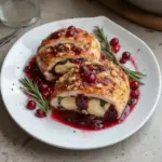 Cranberry Brie Stuffed Chicken recipe with melted cheese and cranberry sauce