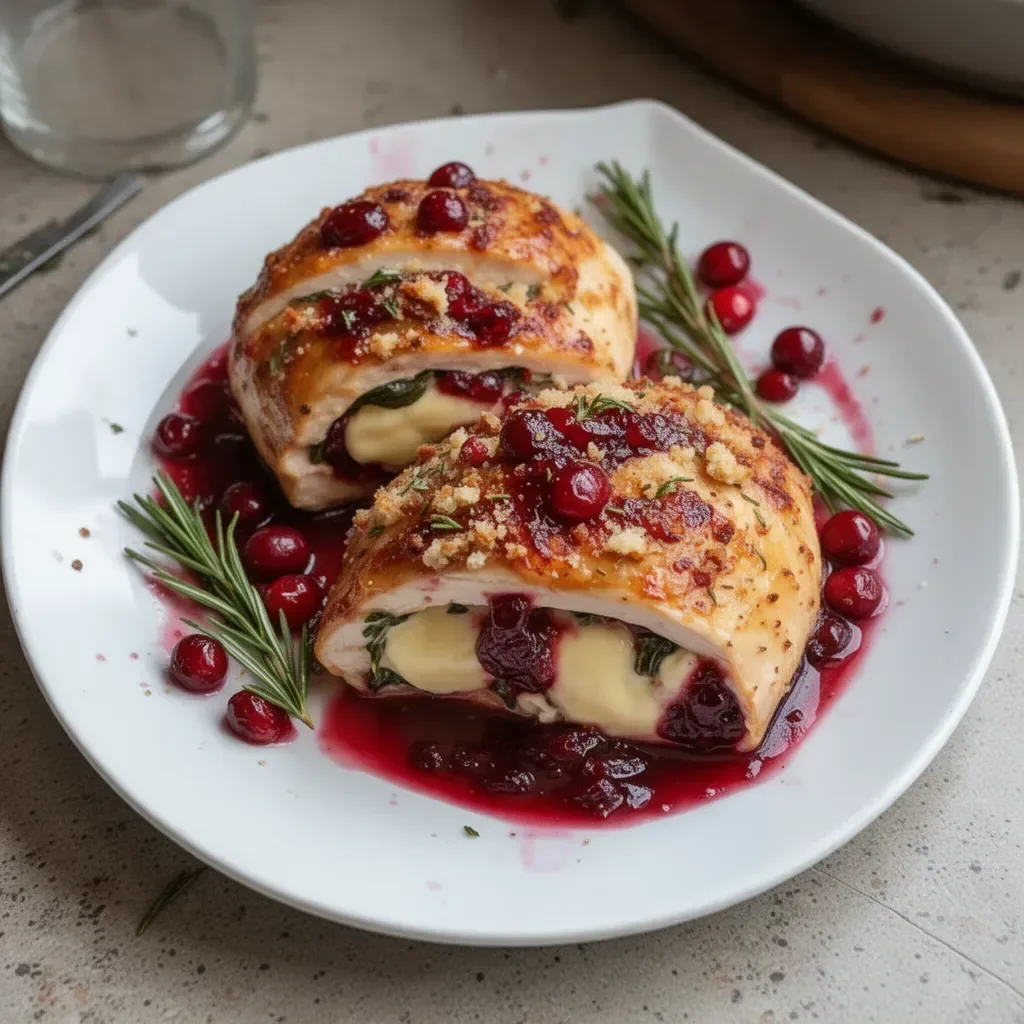 Cranberry Brie Stuffed Chicken recipe with melted cheese and cranberry sauce