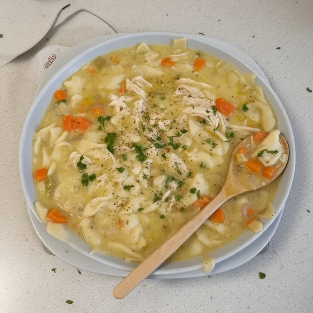 A bowl of creamy chicken noodle soup with vegetables and herbs.
