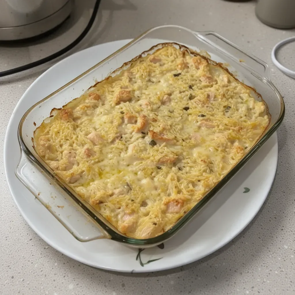 Creamy chicken rice casserole topped with fresh herbs and baked to perfection.