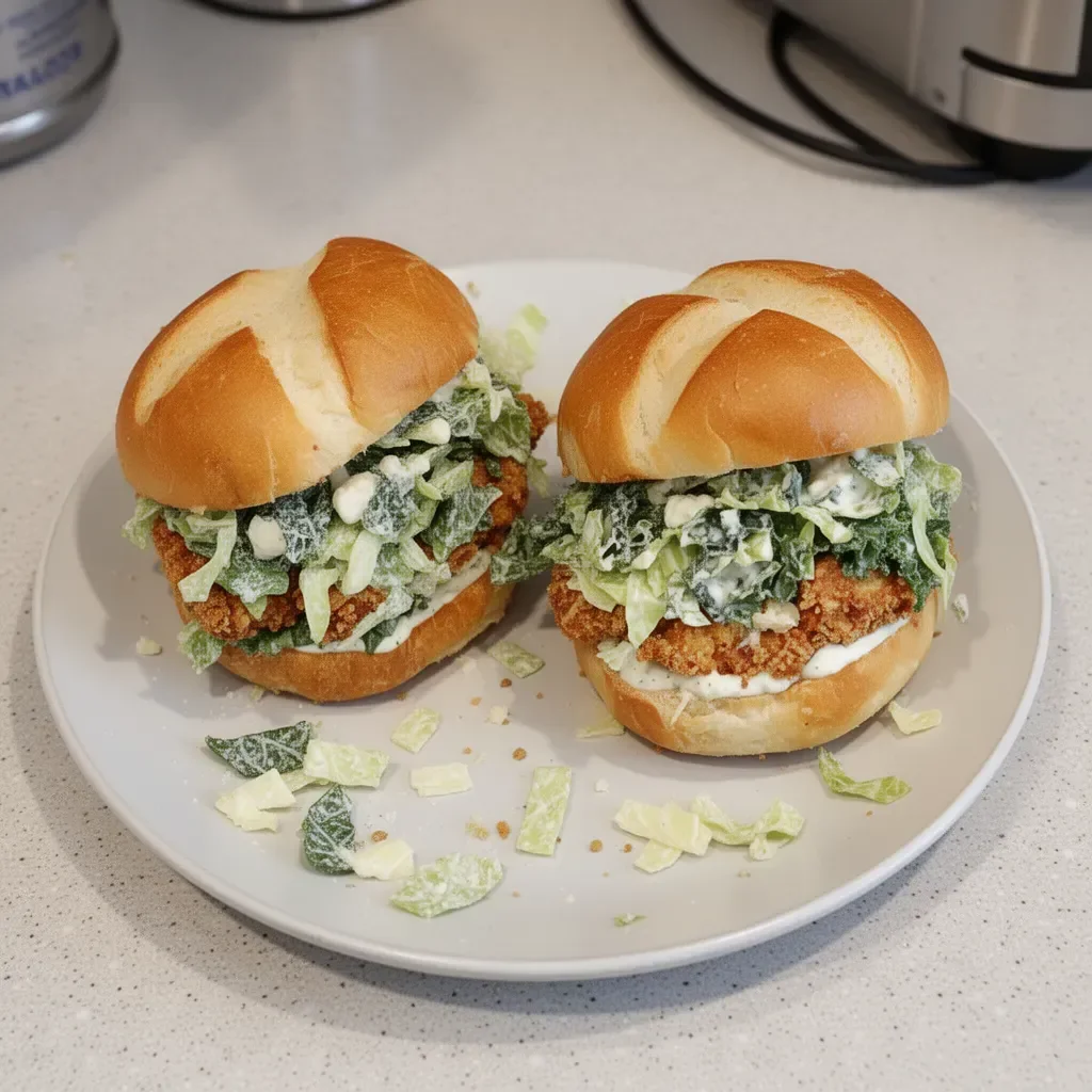 Crispy Chicken Caesar Sandwich with greens and dressing on a plate