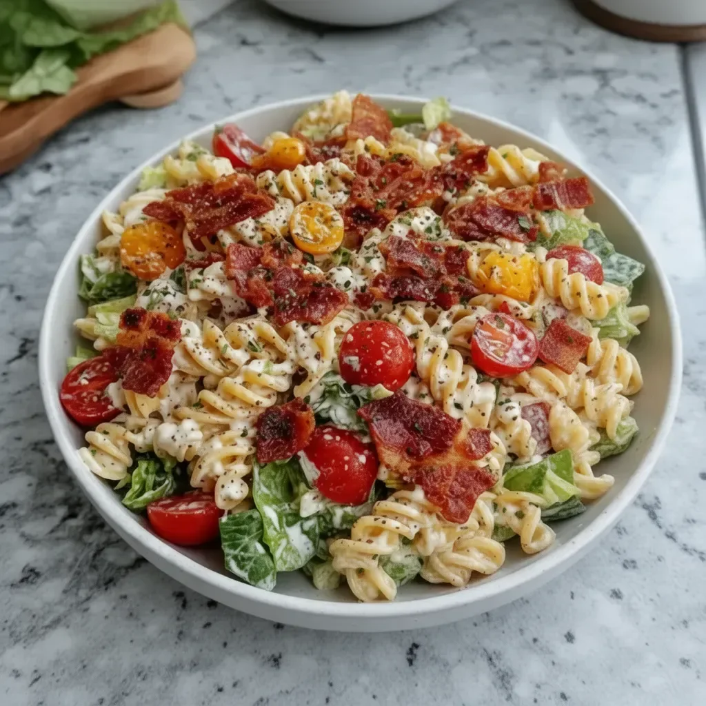 Crispy Creamy BLT Pasta Salad featuring pasta, bacon, lettuce, and tomatoes.