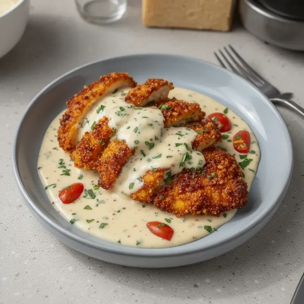 Crispy parmesan chicken topped with creamy garlic sauce on a plate