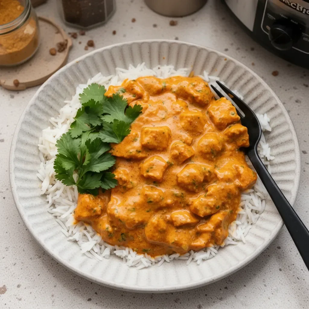 Delicious crockpot butter chicken served with rice and garnished with cilantro.