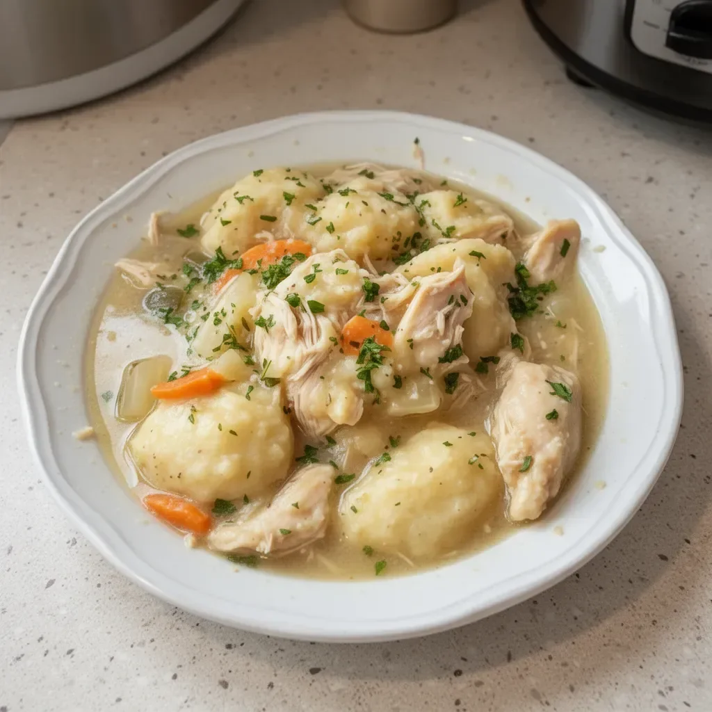 Crockpot chicken and dumplings served in a bowl with herbs