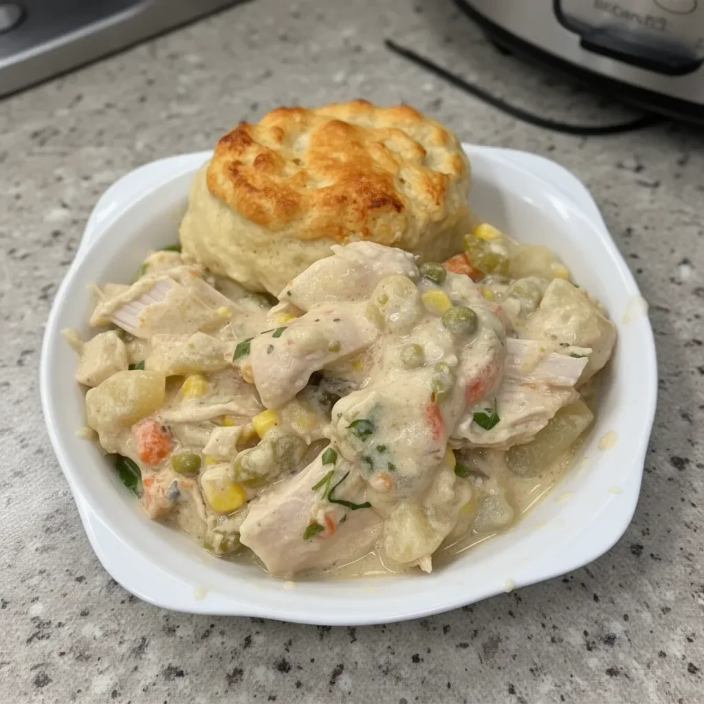 Crockpot Chicken Pot Pie served in a bowl with flaky crust and vegetables.