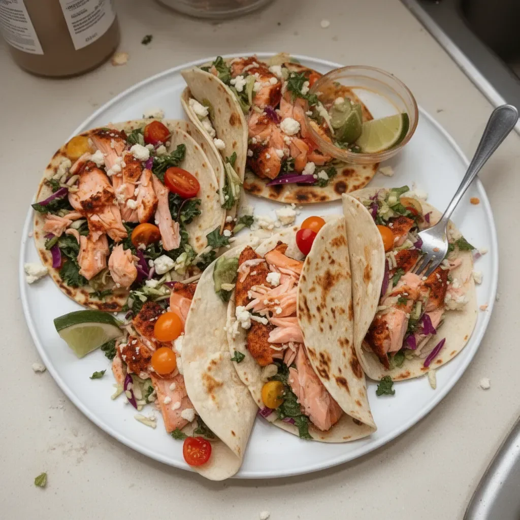 Delicious blackened salmon tacos garnished with fresh toppings.