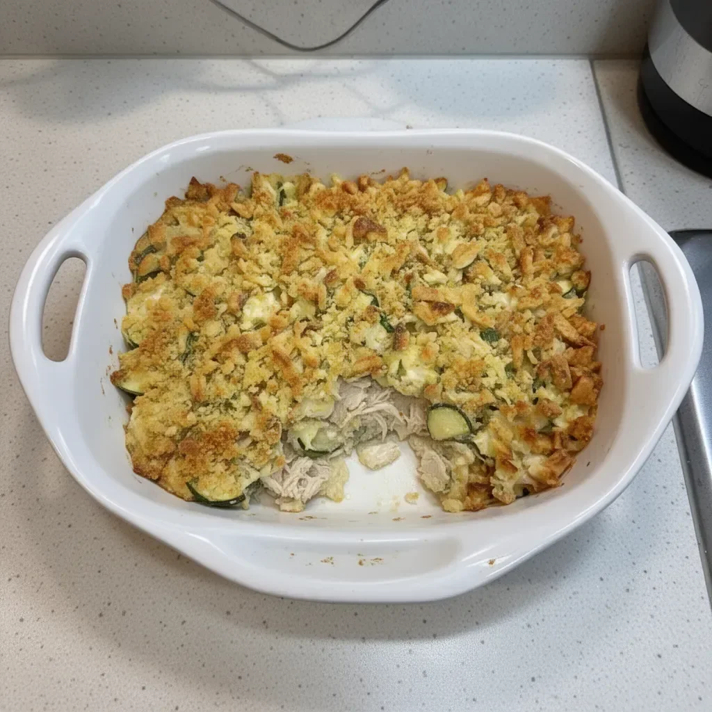 A delicious easy chicken casserole baked with vegetables and cheese in a dish.