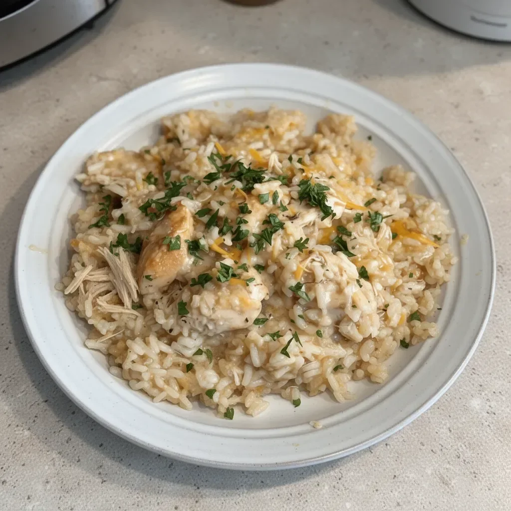 Delicious easy Crock Pot chicken with rice served in a bowl