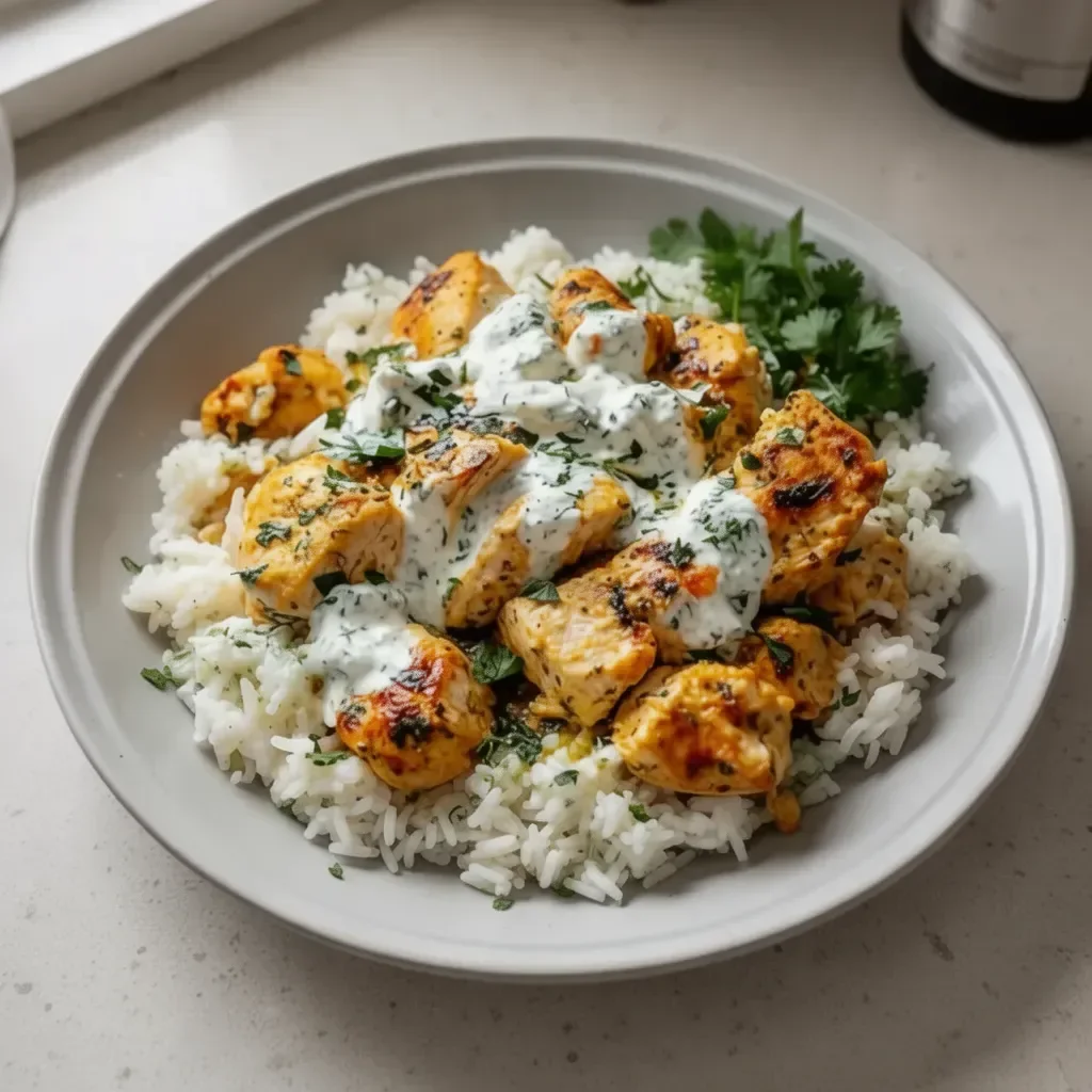 Easy Dump-and-Bake Chicken with Tzatziki sauce and rice on a plate