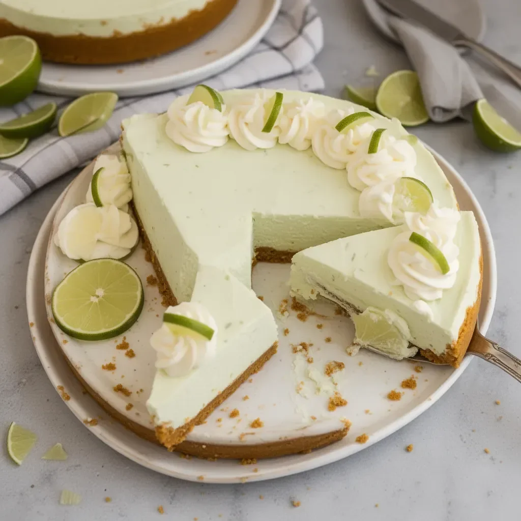 A slice of easy key lime cheesecake on a plate garnished with lime slices.