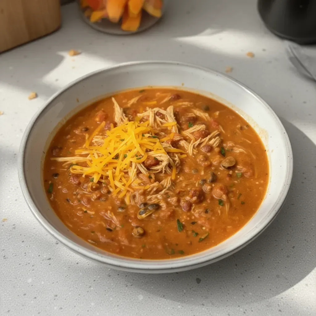 Bowl of Easy Pumpkin Chicken Chili topped with cilantro and served with bread.
