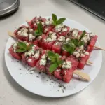 Colorful watermelon feta skewers arranged on a platter for a summer appetizer.