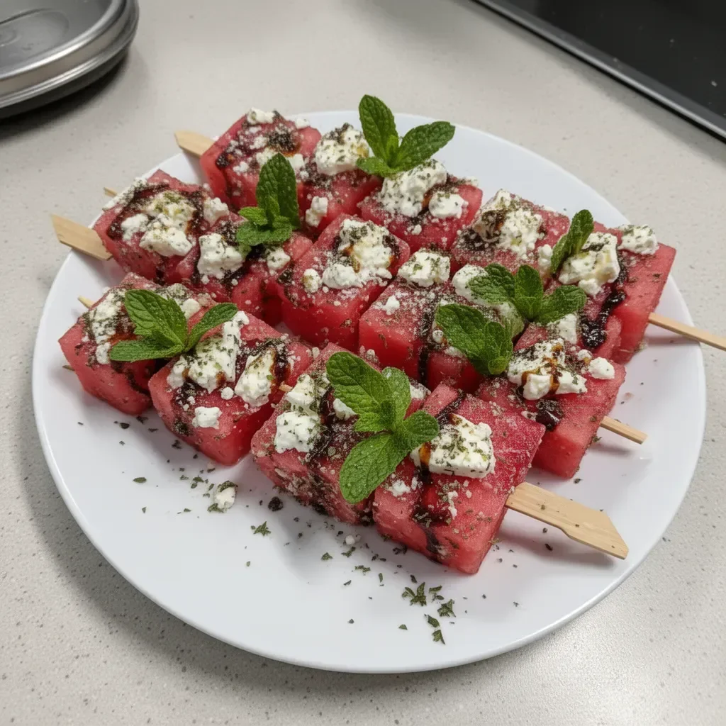 Colorful watermelon feta skewers arranged on a platter for a summer appetizer.