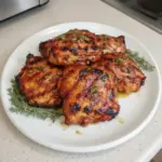 Apricot honey dijon grilled chicken thighs served on a plate with fresh herbs.