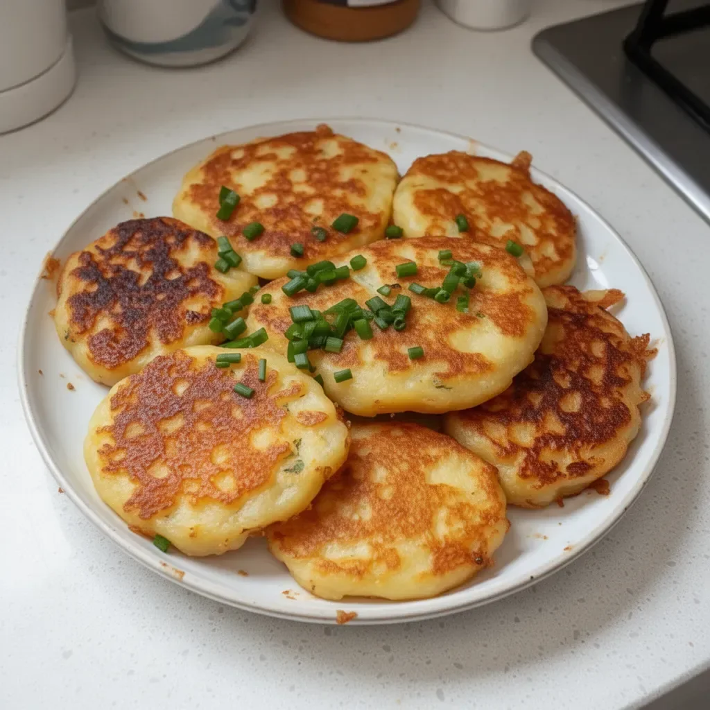 Delicious Gamjajeon pancakes served on a plate with dipping sauce