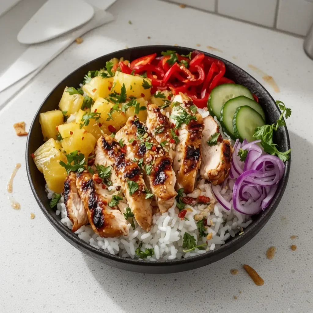 Hawaiian Chicken Bowl with chicken, vegetables, and sauce.