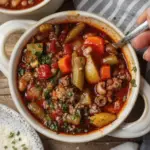 Bowl of hearty cowboy soup with vegetables and spices