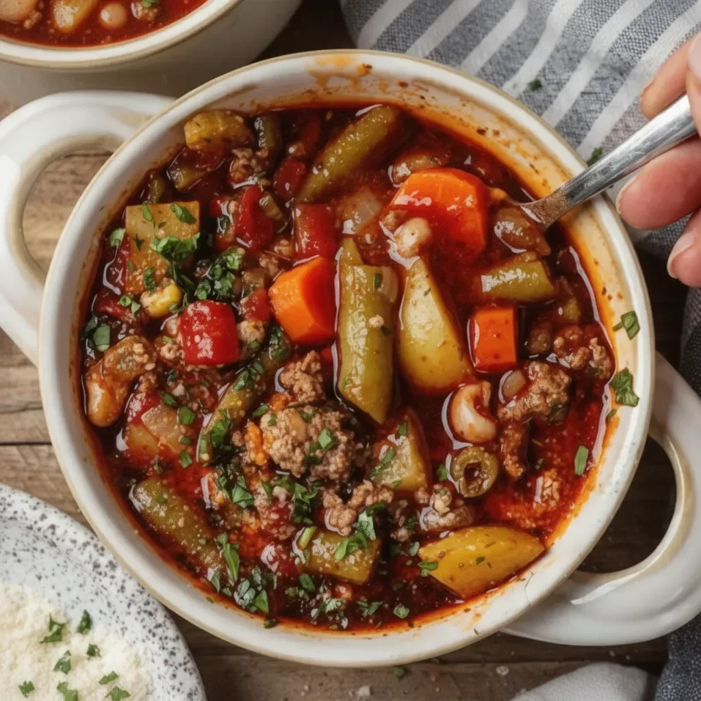 Bowl of hearty cowboy soup with vegetables and spices