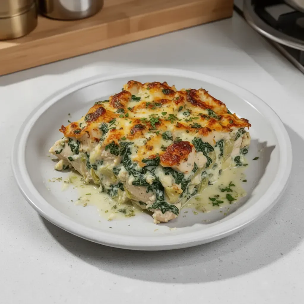 High protein spinach artichoke chicken casserole dish with fresh ingredients