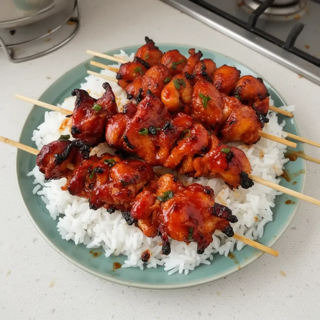 Delicious Korean Chicken Skewers on a grill.