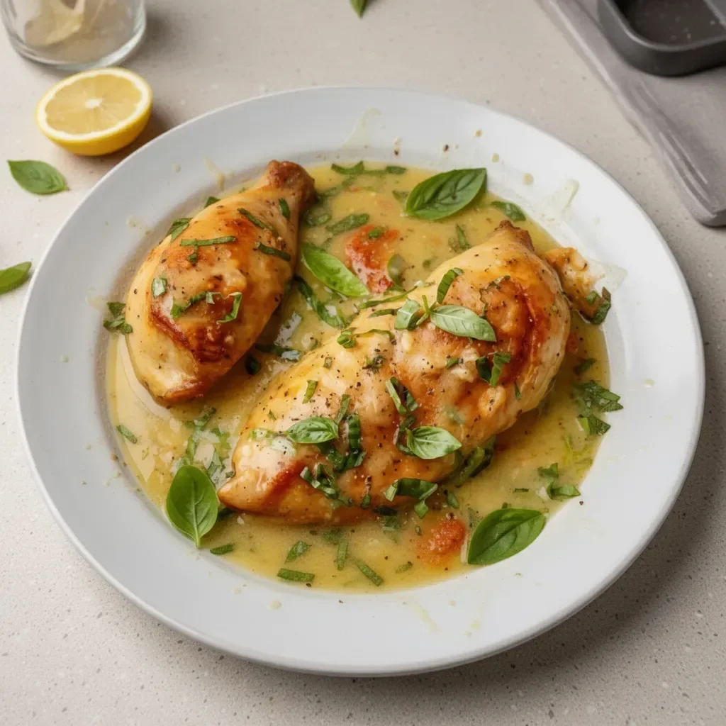 Delicious Lemon Basil Chicken served with fresh herbs and lemon slices