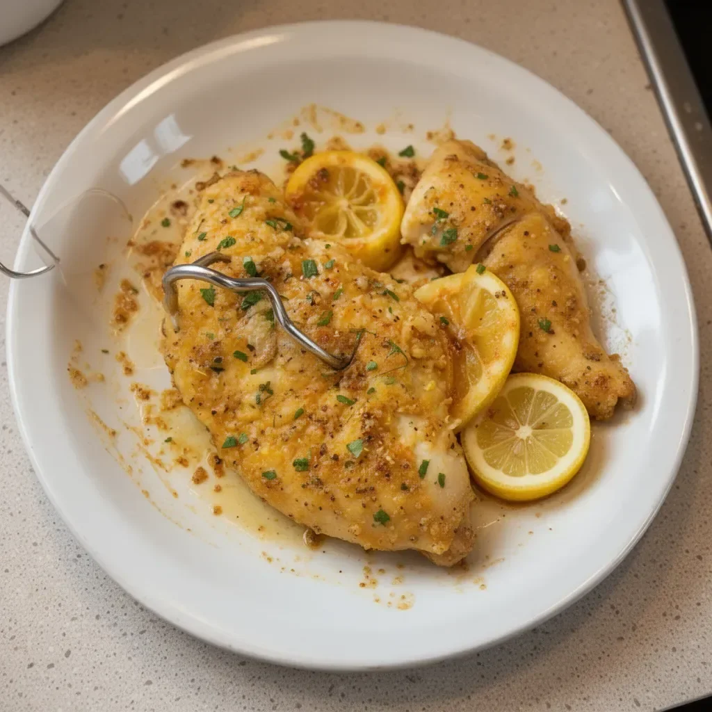 A beautifully plated Lemon Pepper Chicken garnished with fresh herbs and lemon slices.