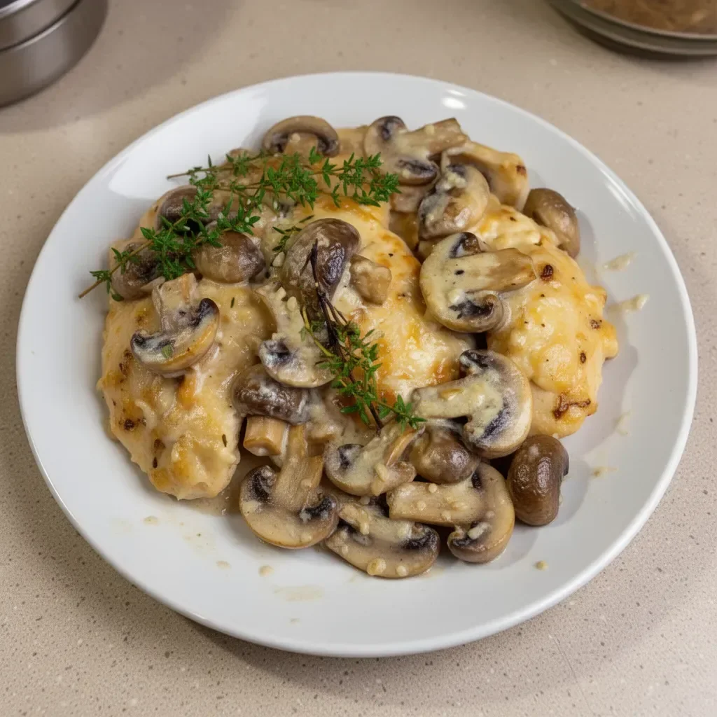 Delicious Mushroom Asiago Chicken served on a plate with herbs