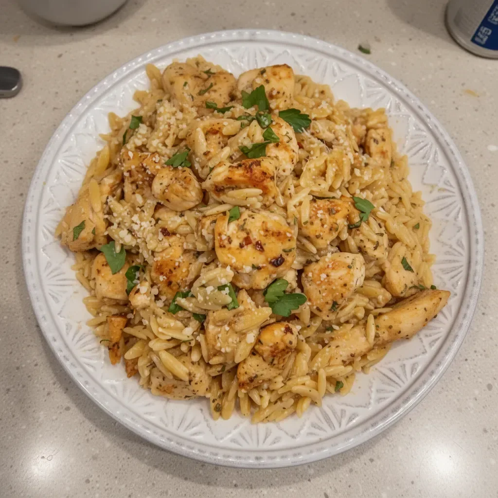 One-Pot Chicken and Orzo dish garnished with herbs in a rustic bowl