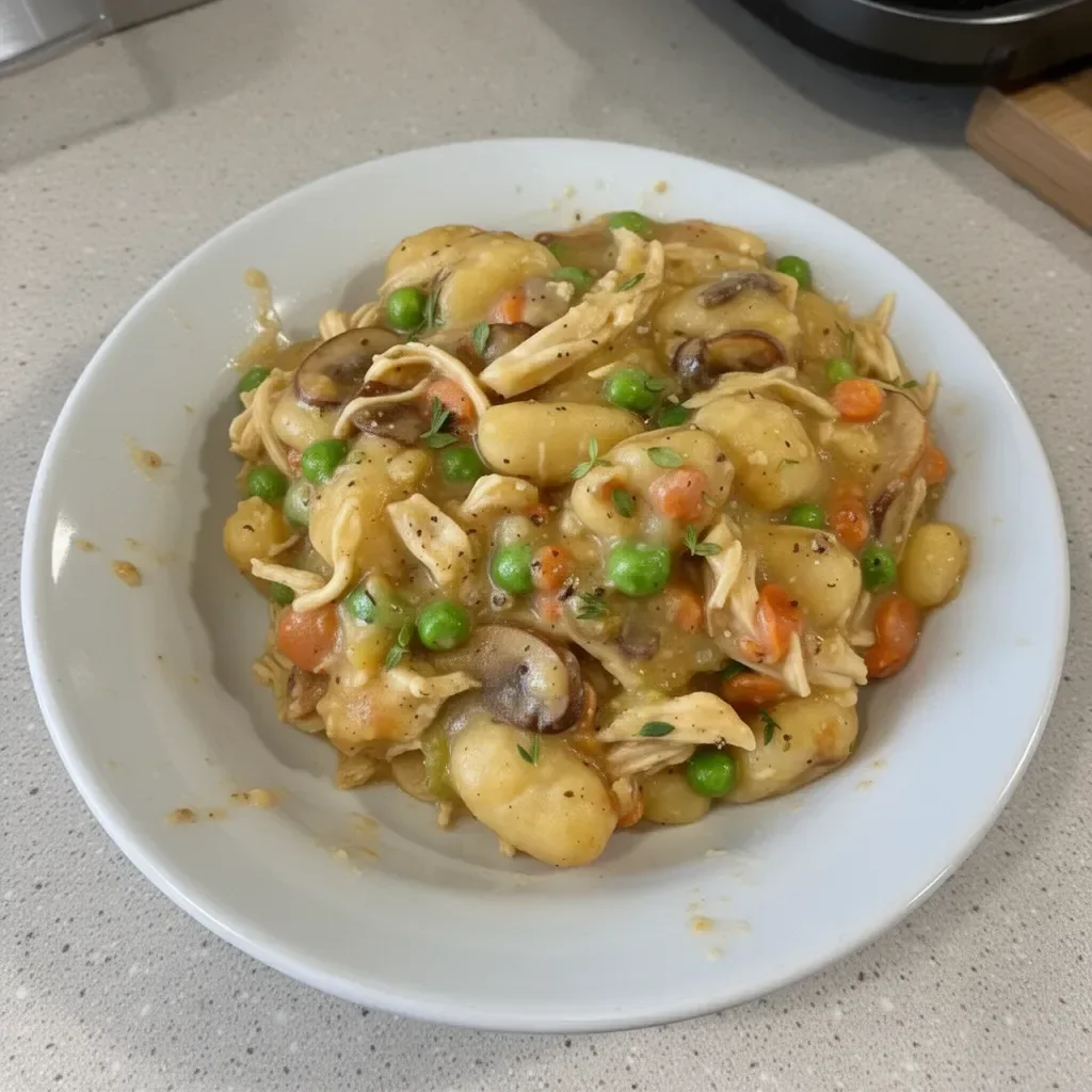 Delicious One Pot Gnocchi Chicken Pot Pie dish served in a skillet