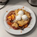 Homemade peach cobbler with golden crust and fresh peaches on a plate.