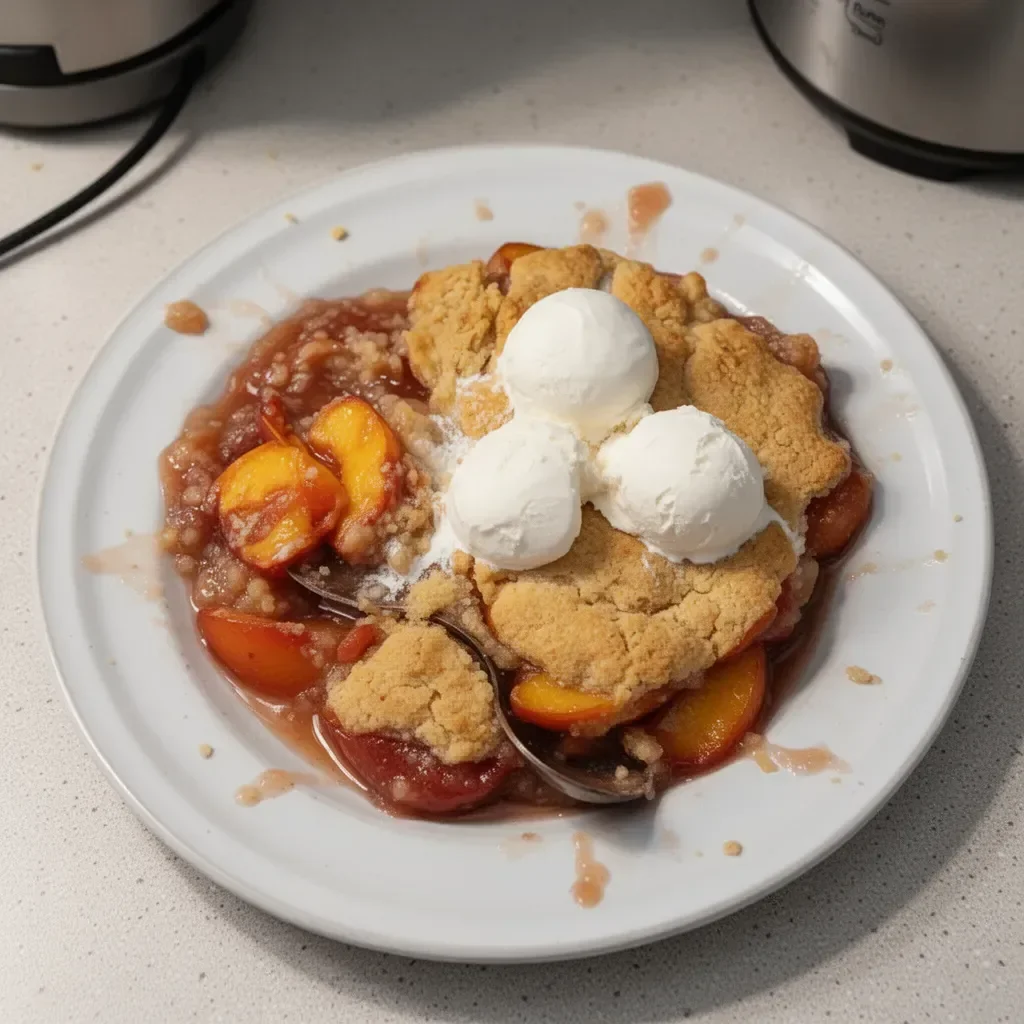 Homemade peach cobbler with golden crust and fresh peaches on a plate.