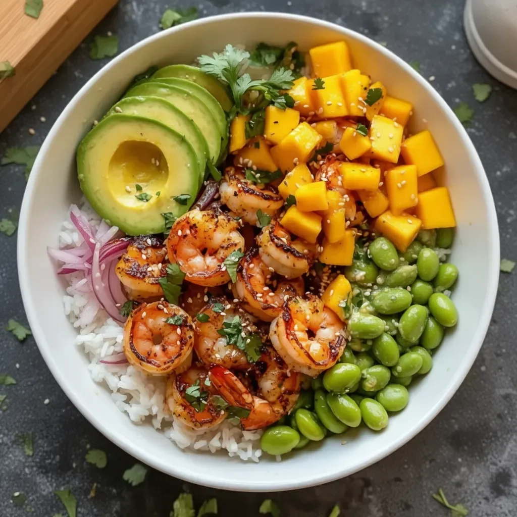 Shrimp Avocado Mango Rice Bowl with fresh ingredients and garnishes
