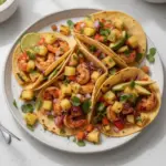 Shrimp tacos topped with grilled pineapple salsa on a wooden table