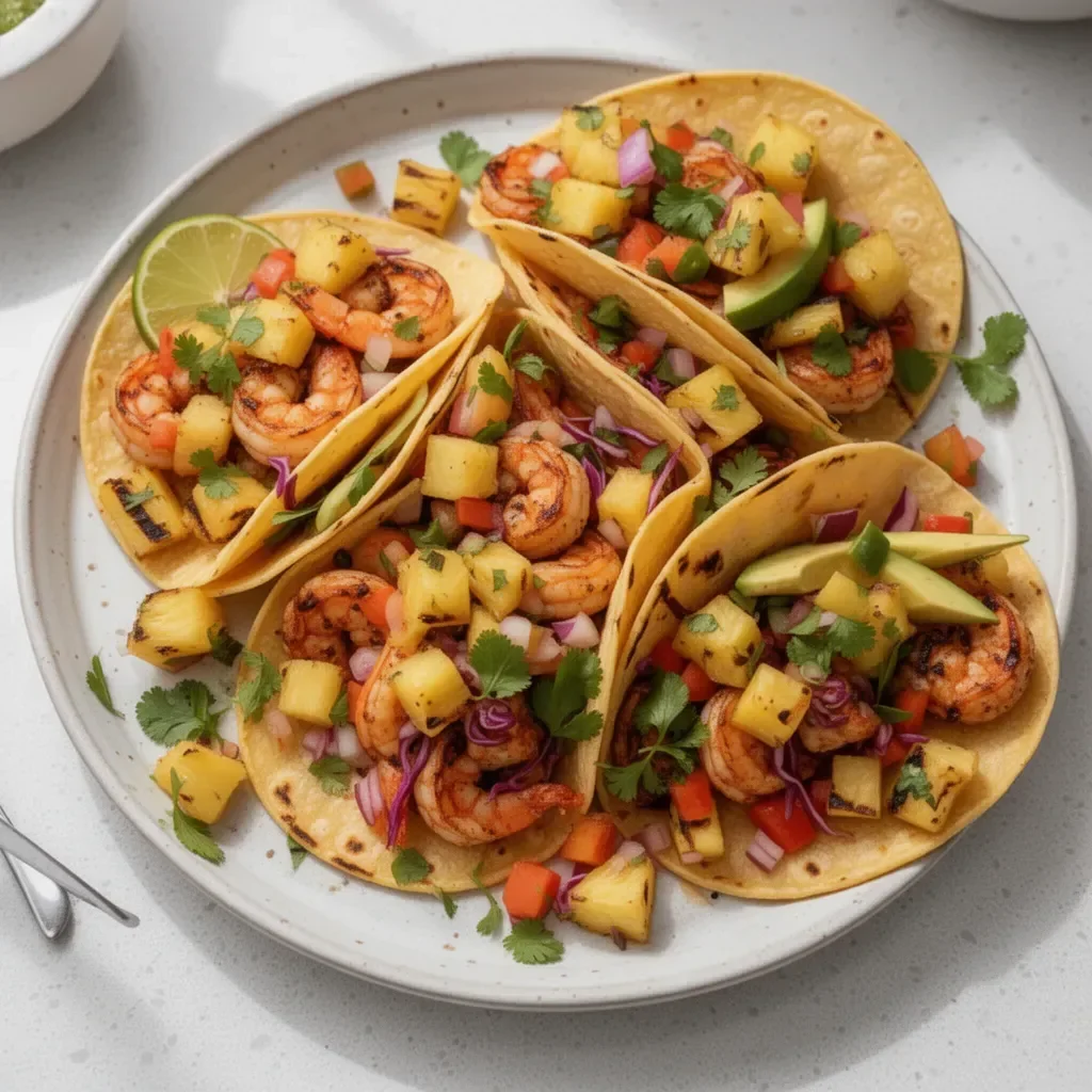 Shrimp tacos topped with grilled pineapple salsa on a wooden table