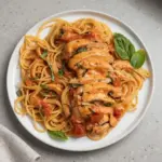 Slow cooker creamy tomato basil chicken served in a bowl with fresh herbs.