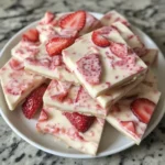 Homemade strawberry cheesecake yogurt bark topped with fresh strawberries and whipped cream.