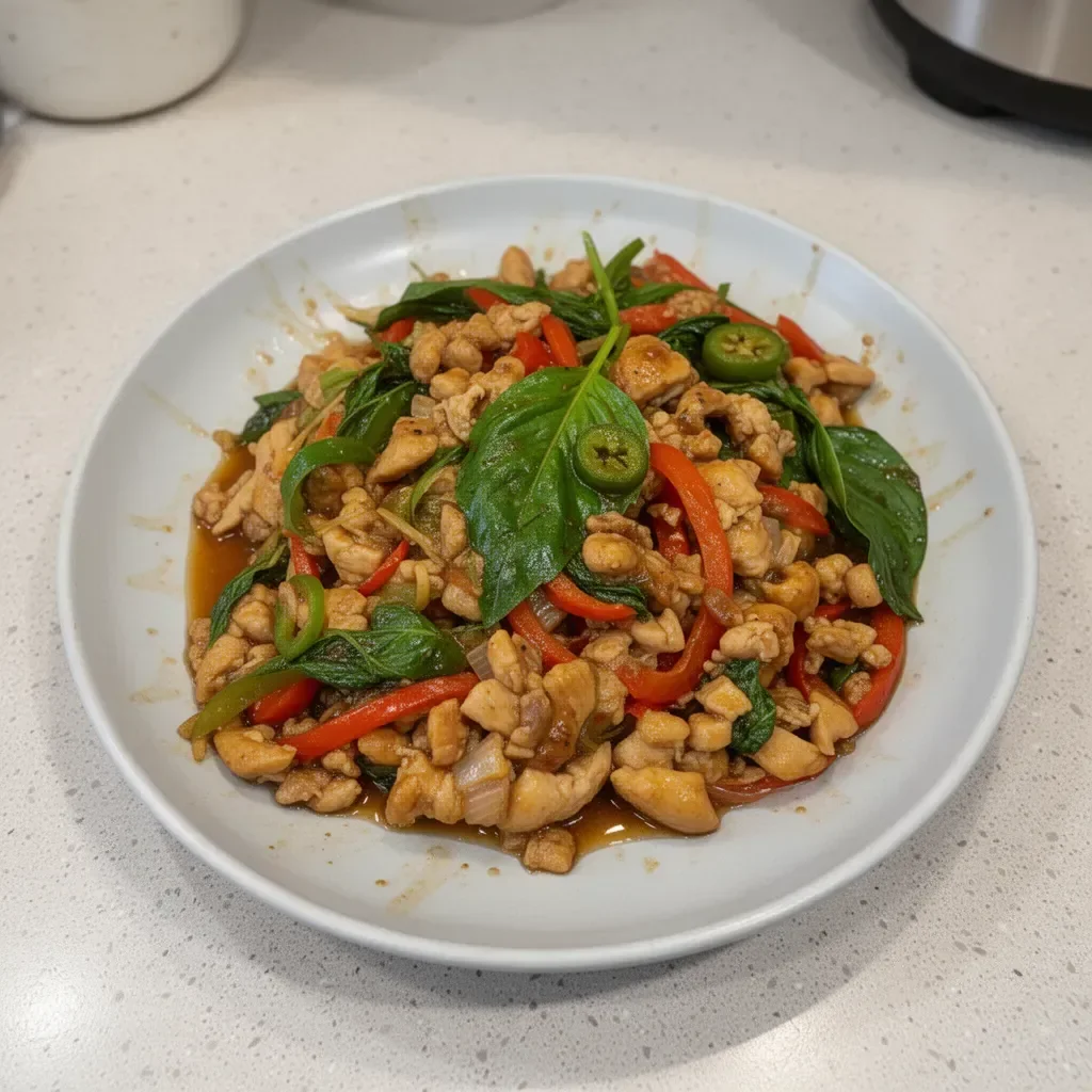 Delicious Thai Basil Chicken served with rice and fresh basil leaves