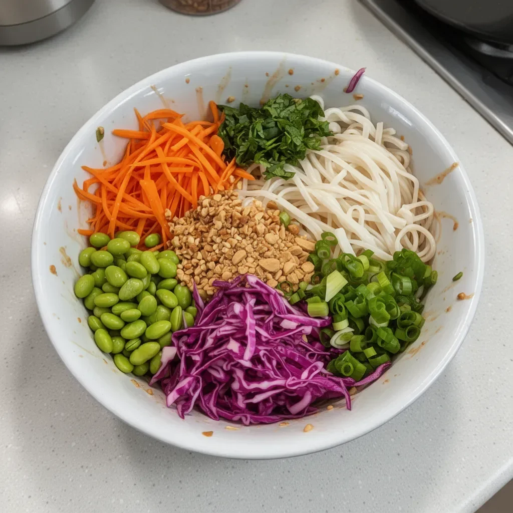 Colorful Thai Peanut Noodle Salad with fresh vegetables and peanut dressing