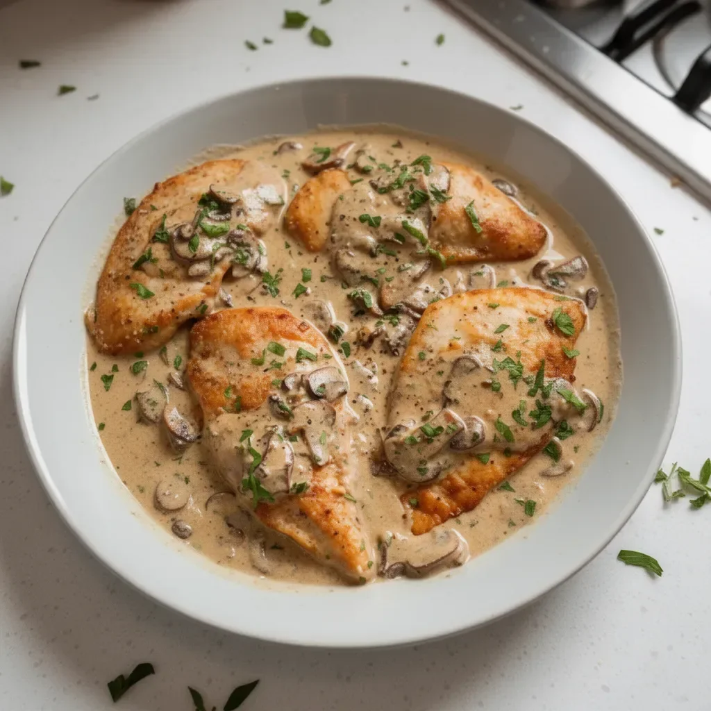 Tuscan Pancetta Chicken Breast in Garlic Cream Sauce served on a plate